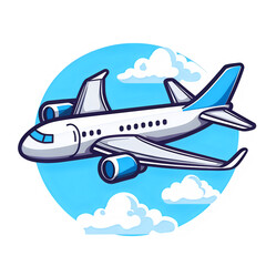 Naklejka premium A vibrant cartoon illustration of a passenger airplane flying through the blue sky with clouds isolated on transparent background