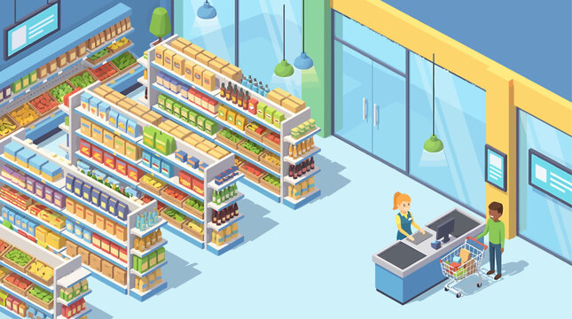 Isometric illustration of a supermarket interior with aisles, shelves stocked with products, and customers at the checkout counter