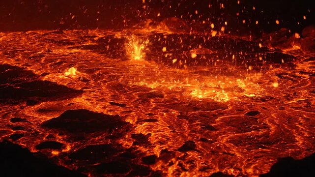 Molten lava flows at night volcanic.