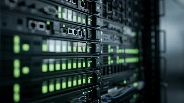 Medium shot of automated playout server racks with sharp focus on glowing green status lights blurred surrounding hardware emphasizing seamless broadcast management.