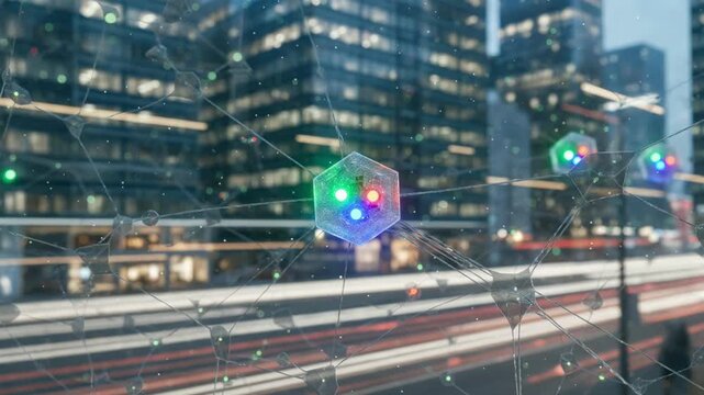 Sharp focus on a central small cell in a dense network mesh highlighting its LED indicators while multistory buildings and passing vehicles create a bokeh effect.