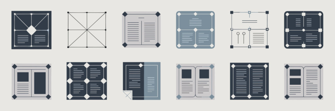 Typography grid and magazine layout icon set &ndash; Great for publishing workflows, graphic design tools, or layout guides.