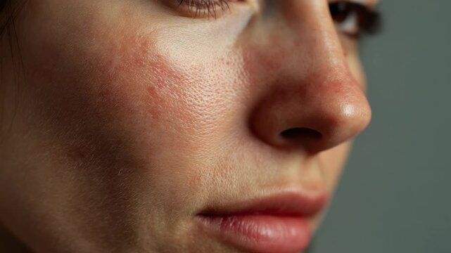 Macro view of irritated facial skin with visible redness and pores representing skincare issues dermatology concerns and sensitivity problems in beauty and health context
