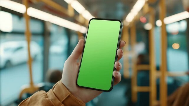 Hand holding smartphone with green screen mockup in public transport interior ideal for app presentation advertising and mobile interface design