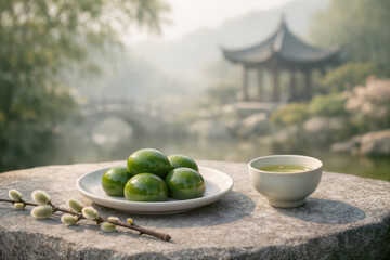 Fototapeta premium Qingming Festival offerings with qingtuan green rice balls tea and willow branch on stone memorial in misty Chinese garden honoring tomb sweeping day ancestral remembrance spring