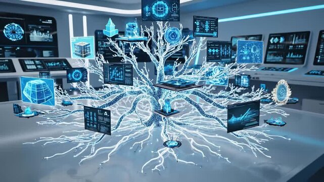 Digital sprout grows into complex data tree hologram in futuristic laboratory. Visualization of artificial intelligence network expansion and system development.
