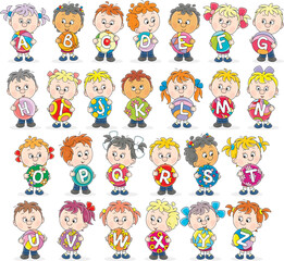 Obraz premium Happy little schoolboys and schoolgirls friendly smiling and holding colorful alphabet balls, a set of vector cartoon illustrations on a white background