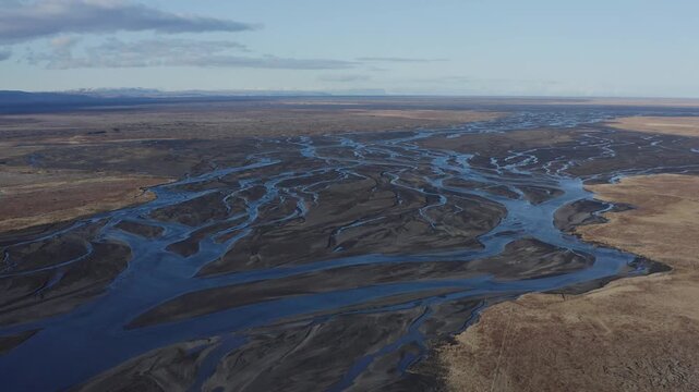 Aerial view of a braided river system in an Icelandic glacial plain