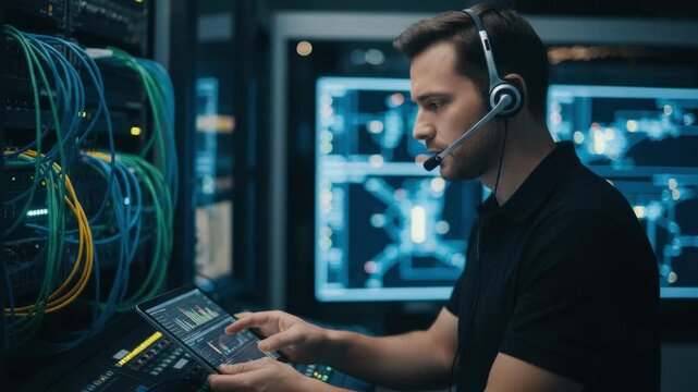 Operator verifying call quality on a headset while monitoring SIP trunk redundancy setup with softfocus cables and screens behind.