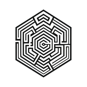 A black and white maze in the shape of a hexagon isolated on transparent background