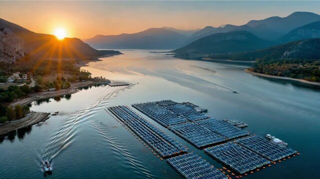 Solar Panel Array at Sunset: The majestic expanse of solar panels floats serenely on the water's surface.