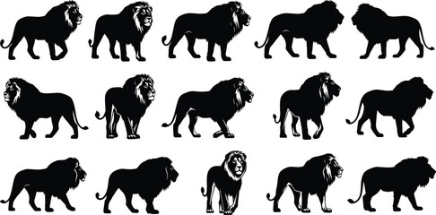 Black lion silhouette set, wild animal vector icons, majestic male lions standing walking side view, predatory feline silhouettes, savanna wildlife graphics. © clickwavebd