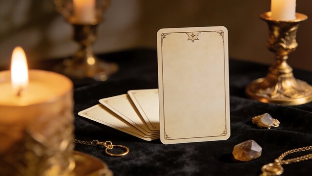 Blank tarot cards on a table covered with black velvet cloth.