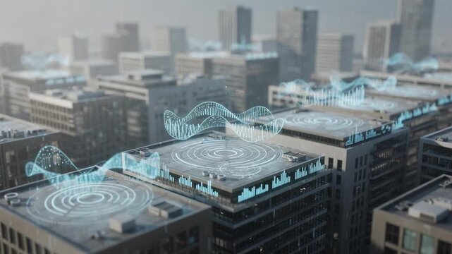 Interactive 3D map with focused AI algorithms adjusting frequencies on building rooftops featuring an artfully blurred cityscape to enhance depth.