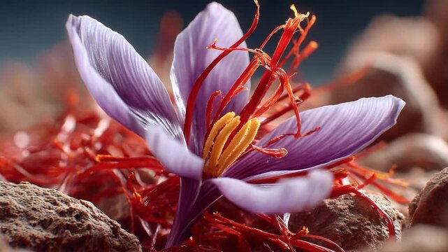 Saffron Bloom: A macro shot of a vibrant saffron crocus flower, showcasing its delicate petals and the precious red stigmas, the essence of the world's most expensive spice.