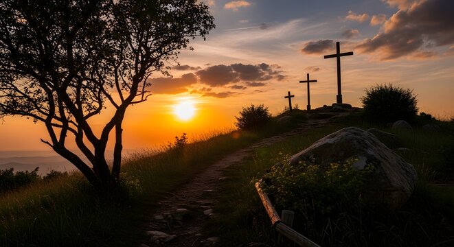 Silhouette of three crosses on a hill at sunset with a tree and pathway leading to them isolated on white background is not applicable here, a serene landscape with three crosses on a hill at sunset