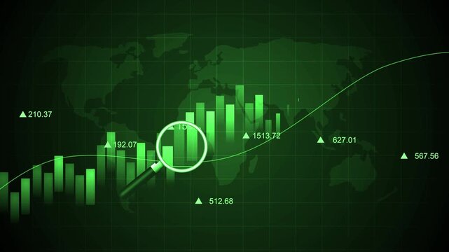 Monochrome global financial chart with magnifying glass animation, Financial chart with bar graphs, line trend magnifying glass overlay