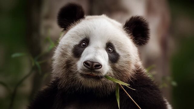 Close up of giant panda eating bamboo in natural habitat highlighting wildlife conservation biodiversity and endangered species in soft natural forest background