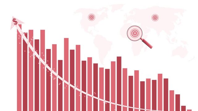 Global decline bar chart with trend line animation, Monochrome bar chart with declining trend line and world map background