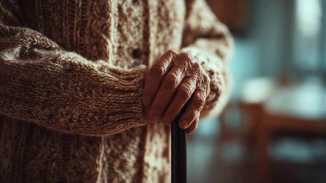 Description: Close-up of an elderly person's wrinkled hands resting on a walking cane while wearing a cozy knitted sweater, symbolizing aging, wisdom, health care, and senior life.