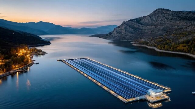 Solar Farm Oasis: A serene view showcases a floating solar farm seamlessly integrated into a calm lake, harmonizing sustainable technology with the beauty of nature.