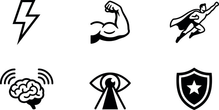Collection of Superhero Power Icons Featuring Lightning Bolt Strong Muscle Arm Flying Hero Brain Waves Laser Eye and Shield Symbols for Gaming Branding