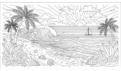 Fototapeta premium Tropical beach seascape line art with palm trees and waves adult coloring book vector illustration