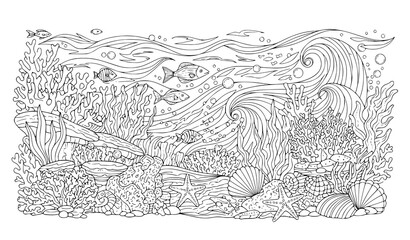 Underwater seascape coral reef line art for adult anti stress coloring book detailed marine vector illustration © MstBabli