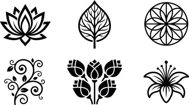 Floral and botanical silhouette icon set featuring lotus flower, leaf, geometric mandala, decorative vine, rose bouquet and lily illustration