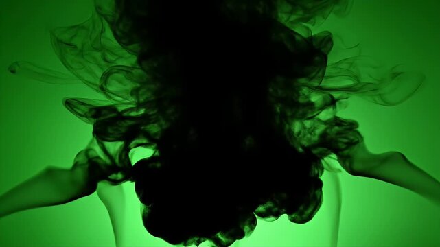 Black smoky form against a green gradient background, with tendrils and undefined shape