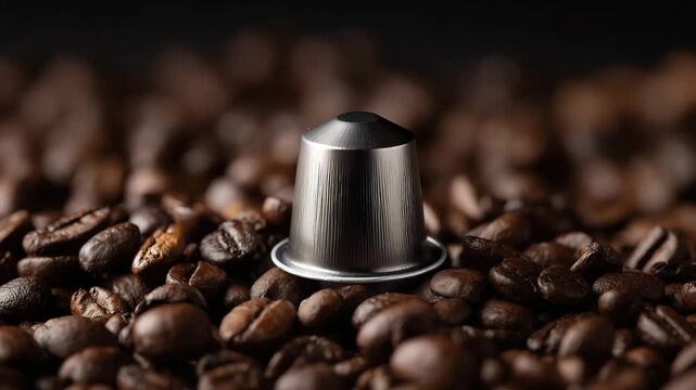 Coffee capsule placed among roasted coffee beans representing espresso preparation coffee culture aroma and modern brewing concept