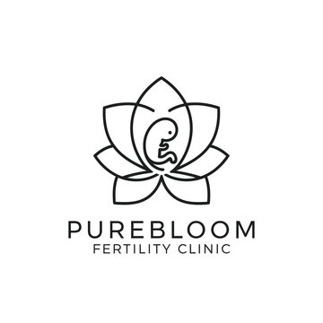 Lotus flower petal icon with human embryo fetus line art for gynecology and reproductive health center logo isolated on white background Purebloom