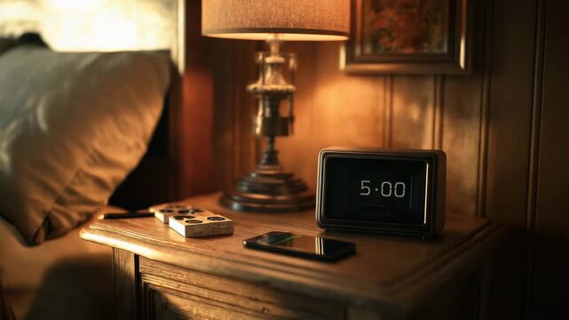 Close up of bedside table with alarm clock at five am and smartphone under warm light illustrating early start of the day sleep schedule discipline and everyday home routine