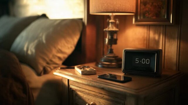 Bedside table with alarm clock showing early morning time lamp and smartphone creating cozy home atmosphere concept of routine sleep and waking up