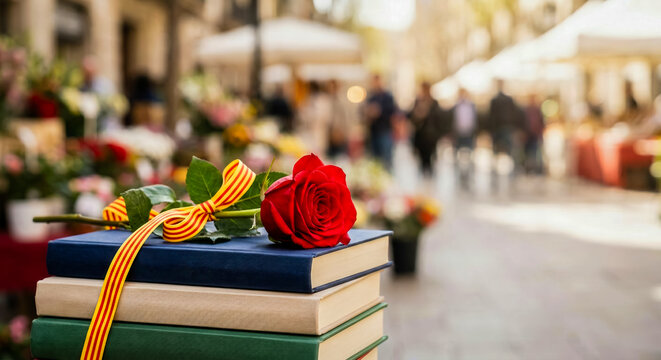 Red Rose and Books for Sant Jordi Day Celebration