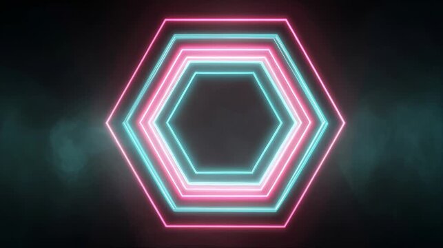 Neon hexagon frame glowing in pink and cyan on a dark smoky background, forming a futuristic geometric portal for technology visuals, intros, and modern digital design.