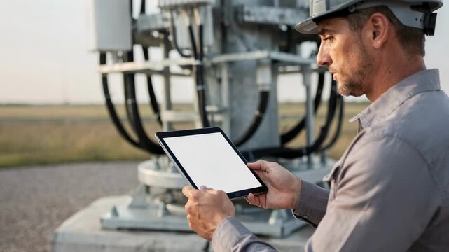 Medium closeup of RF engineer crosschecking tower base details using a tablet blurred foreground and background directing attention to the task.