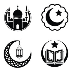 Obraz premium Four black and white representing islamic symbols and architecture mosque crescent