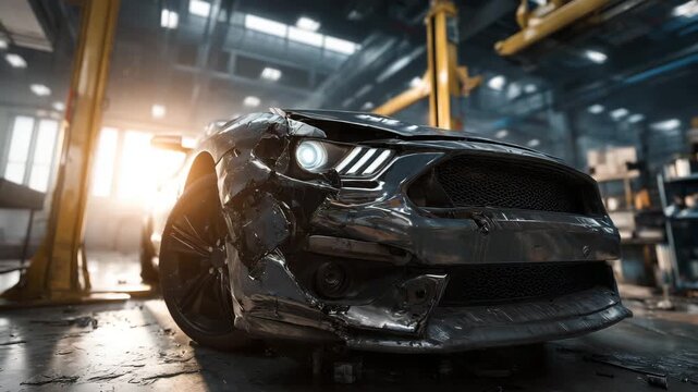 Wrecked black muscle car with heavy front-end damage standing inside a professional auto service garage, waiting for insurance inspection and repair.