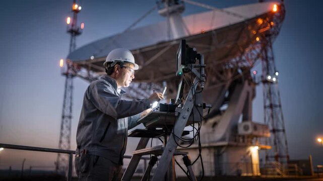 Microwave dish alignment scene at twilight with technician in crisp focus working on equipment beacons visible in soft focus creating glowing highlights around the structure.