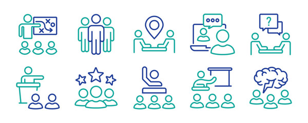 Business presentation icon set. Containing seminar, presentation, meeting, whiteboard, conference, business plan and more. Outline Icon Collection. Editable stroke. Vector illustration	