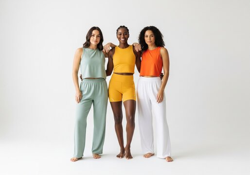 Three diverse women in comfortable loungewear pose together against a white backdrop
