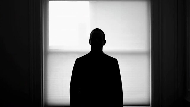 Cinematic Noir Setting Shows Solitary Individual In Glowing Window With Shadows Enhancing Mood Of Suspense