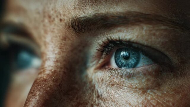 Detailed macro view of human eye with textured skin and freckles emphasizing natural appearance vision perception and sensory detail in close perspective