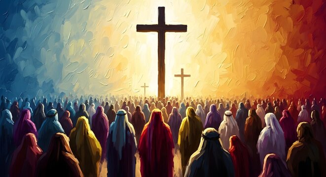A large crowd of people gathered around a cross at sunset with a warm colorful sky
