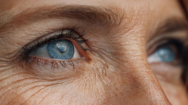 Extreme macro close up of mature human blue eye revealing detailed iris skin texture and natural wrinkles symbolizing vision aging perception healthcare ophthalmology and human identity concepts