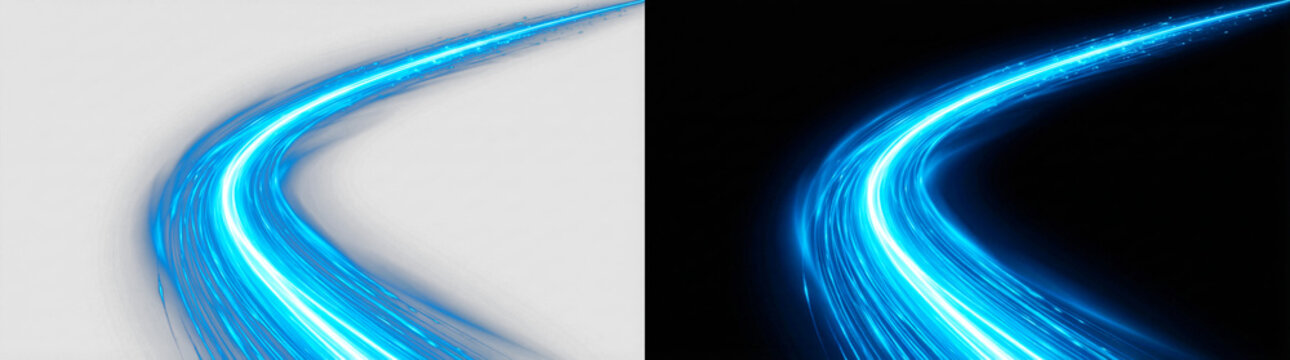 Blue neon light speed trail, smooth glowing motion blur streaks, electric fiber optic curve lines, transparent PNG background, perfect for technology, futuristic, sci-fi, and dynamic design overlays