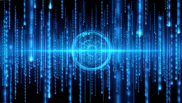 Abstract blue digital rain effect with central glowing circle, futuristic data stream