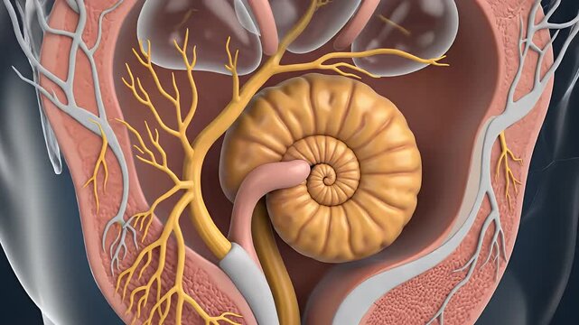 Detailed anatomical illustration of the inner ear's cochlea and surrounding nerves, showing its intricate spiral structure.