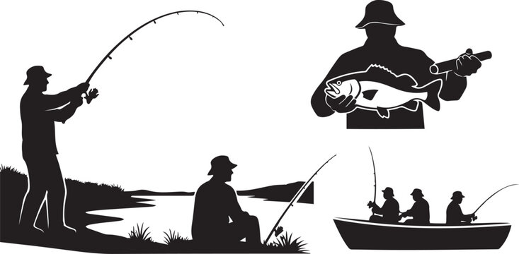 Fishing Silhouette Set Featuring Fisherman Holding Big Fish, Angler Casting Rod on Lake Shore, Man Fishing from Boat, and Recreational Outdoor Summer Activities Vector Illustration for Sport Designs.